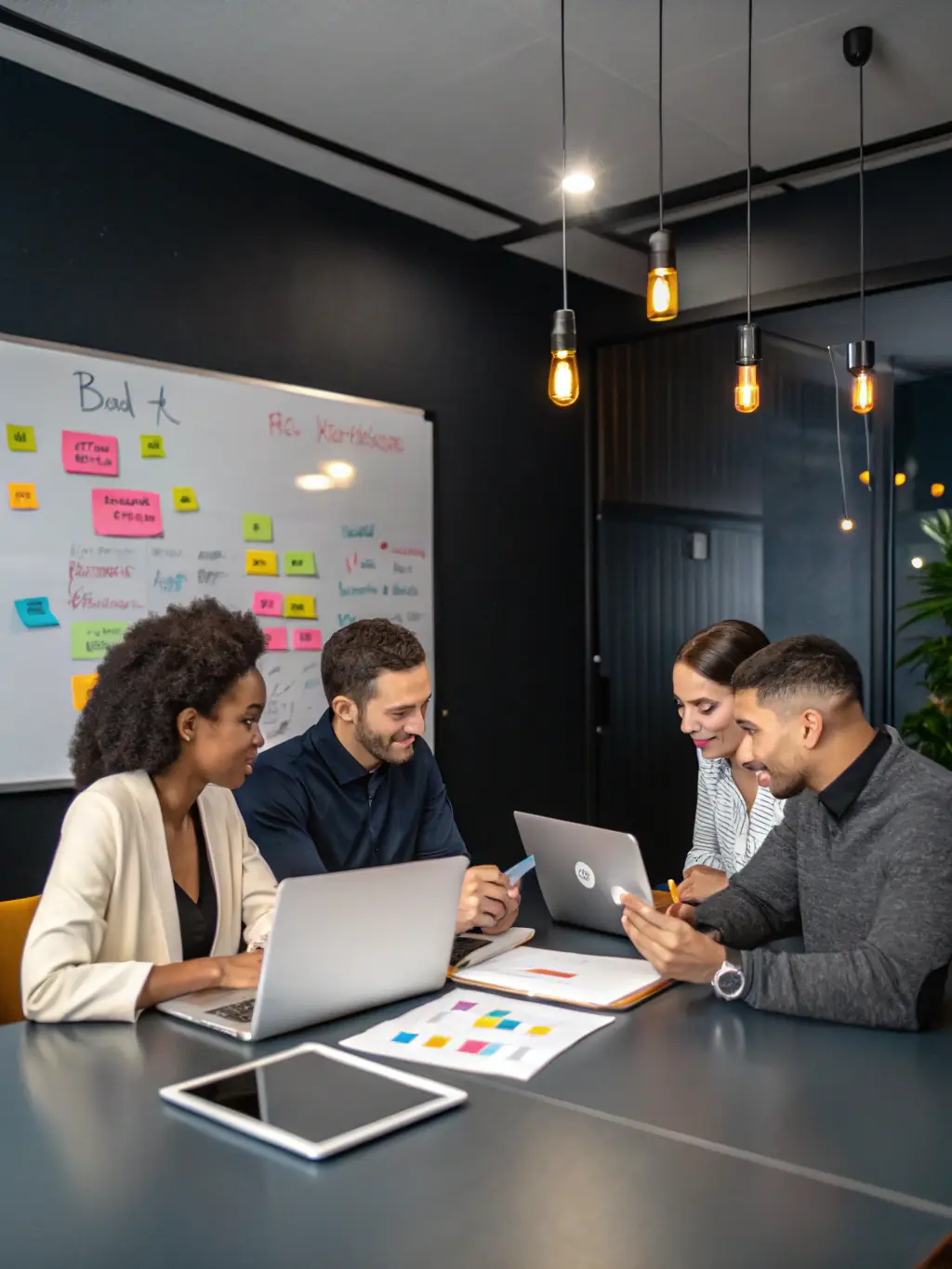 An image depicting a team collaborating efficiently, using AI-powered tools to manage marketing campaigns and analyze data, set in a bright and collaborative workspace.