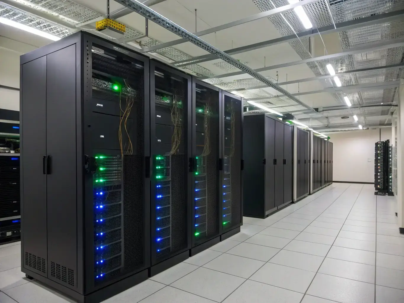 A secure server room environment with blinking lights, representing reliable hosting services, emphasizing data security and uptime for client websites and applications.
